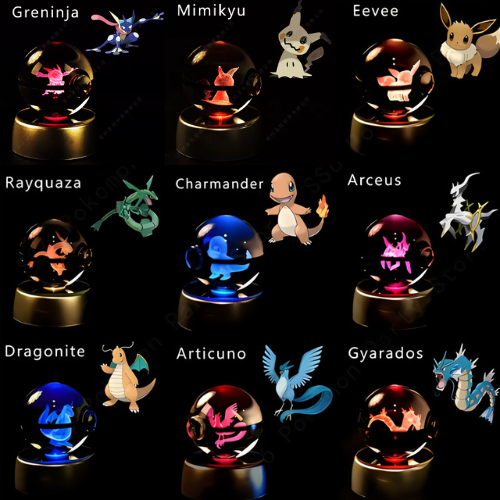 Esfera de cristal 3D con luz LED multicolor – Personajes Pokémon grabados con láser, ideal para coleccionistas y regalos temáticos