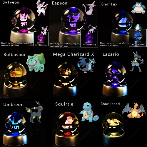Esfera de cristal 3D con luz LED multicolor – Personajes Pokémon grabados con láser, ideal para coleccionistas y regalos temáticos