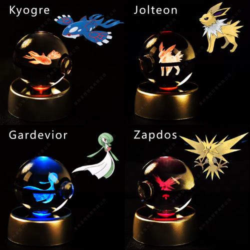 Esfera de cristal 3D con luz LED multicolor – Personajes Pokémon grabados con láser, ideal para coleccionistas y regalos temáticos