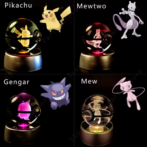 Esfera de cristal 3D con luz LED multicolor – Personajes Pokémon grabados con láser, ideal para coleccionistas y regalos temáticos