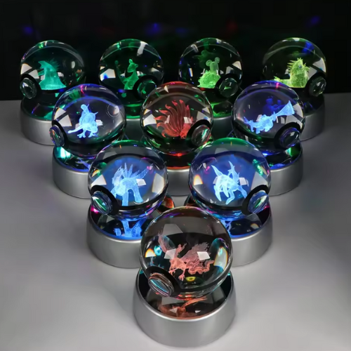 Esfera de cristal 3D con luz LED multicolor – Personajes Pokémon grabados con láser, ideal para coleccionistas y regalos temáticos